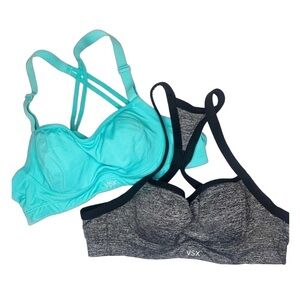 (2) Victoria’s Secret VSX Sports Bras, Aqua Blue/Teal & Black/Gray, size 34A